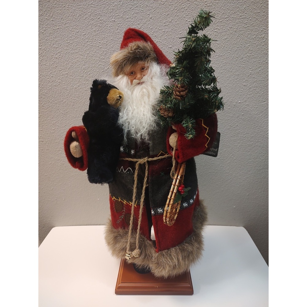 Santa's Workshop Father Christmas Figurine Wood Base 21" tall Bear Tree Fur Trim